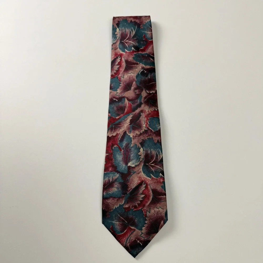 Vintage Christian Dior Monsieur Burgundy Teal Leaf Pattern Silk Tie‎ USA